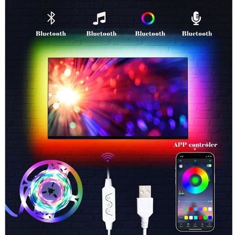 Bande LED 4 m pour TV RGB 5050 Application Bluetooth 2,4 GHz Alimentation USB Compatible PC, moniteur et TV HD (1/4)