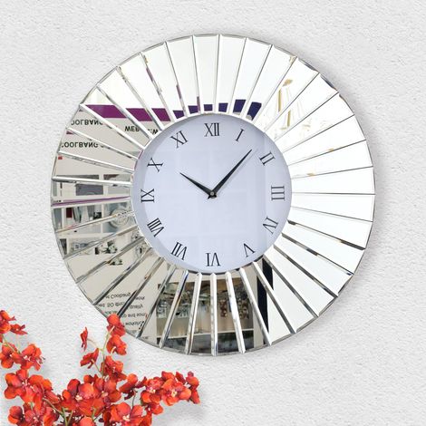 31.5in Modern Glam Sunburst Mirrored Wall Clock - Large Decorative Round Silent Clock with Roman Numerals for Living Room, Bedroom, Home Accent (1/5)
