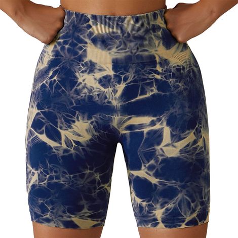 Short De Yoga - Coupe Haute Sans Couture - Effet Liftant Des Fesses - Tissu Extensible Respirant - Bleu Tie-Dye - 1 Pièce (1/5)