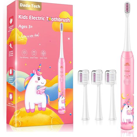 Brosse à Dents Électrique Enfant 3-6-8-12-18 Ans, Brosse a Dent Electrique Enfant Rechargeable Avec Minuteur, Autocollants pour Habitudes et 4 Têtes Douces Pour Kids Filles Et Garçons (Licorne Rose) (1/5)