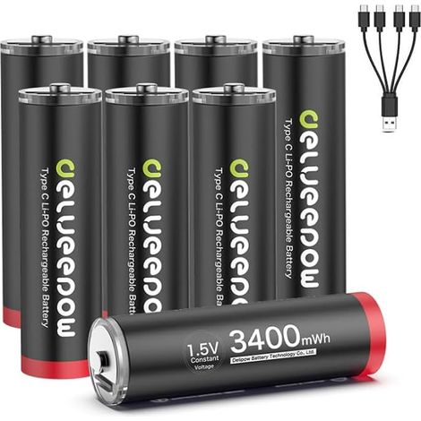 Piles Rechargeables AA 1,5V Lithium 3400mWh, Pile AA Lithium Rechargeable 1500 Cycle USB C 8 Piles (1/5)
