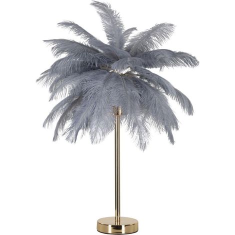 Lampada da tavolo Palm grigia in metallo dorato con piume di struzzo