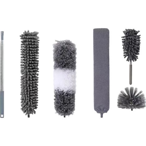 Plumeau Télescopique - Manche Rétractable Acier Inoxydable - 5 Têtes Microfibre Amovibles - Pour Plafonds, Stores, Meubles Hauteurs - Kit Complet ×1
