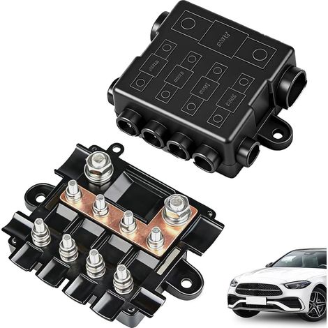 Porte-fusible 1x MEGA + 4x MIDI avec jeu de barres intégré, bloc distribution 150A, connexions M5/M8, boîtier PA6 polyamide avec couvercle, pour batterie 12V/24V auto marine camping-car