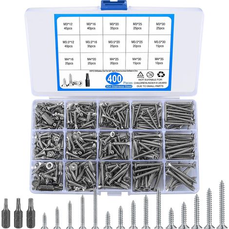 400 Pièces Vis Autotaraudeuses, Acier Inox Tête Plate M3 M3.5 M4 (1/5)