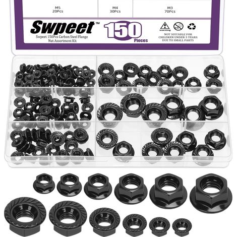 150Pcs 6 tailles M3 M4 M5 M6 M8 M10 noir zinqué écrous de bride serré Hex verrouillage écrous assortiment Kit, écrous de verrouillage de bride métrique Fixations pour mécanisme industriel (1/5)