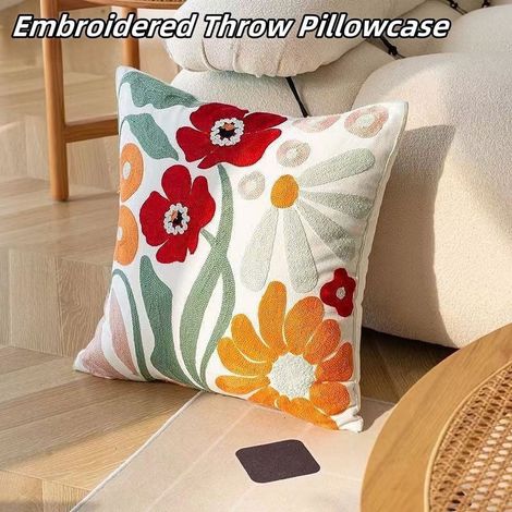 Housse De Coussin Décorative - Brodée Fleuri - Coton Et Lin - 45 x 45 cm - Fermeture Éclair Cachée - Pour Canapé Lit Fauteuil - 1 Pièce (1/5)