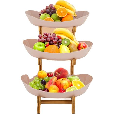 Bandeja para frutas de 3 niveles, material de madera de bambú, diseño de 3 niveles, tamaño total 22,5 x 14 x 32 cm, grosor de la bandeja 12 mm, no apta para lavavajillas. (1/5)