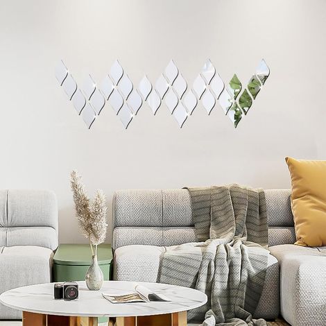 JSSEVN - 30 Pcs 15 x 8 cm Teardrop Acrylic Mirror Wall Stickers, DIY 3D Silver Mirror Wall Art Stickers for Living Room Bathroom (Silver) (1/5)