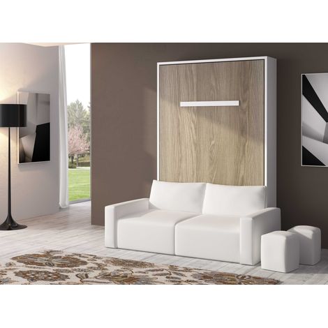 Lit escamotable 140x200 cm avec canapé coffre tissu Espacia - Haut de gamme - Façade Ebène - Matelas Sans matelas - Canapé Vert pistache (1/5)