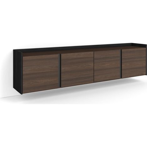 Skraut Home - Meuble TV, Banc Télé, Grand espace de Rangement, 207x35x50cm, Pour les TV jusqu'à 80", Suspendu, Mural, Style moderne, Chêne foncé et Noir (1/5)
