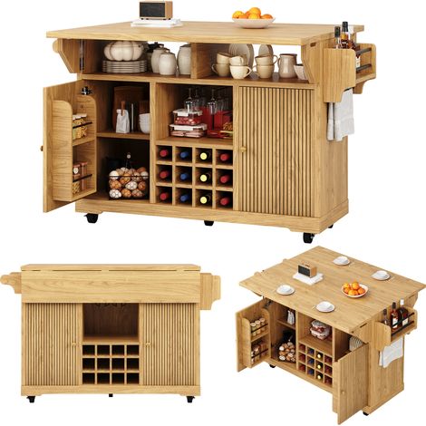 ELVMI Carro de Cocina Móvil con Estantes Ajustables, Botellero Extraíble y Alas Plegables, MDF, Madera Natural (1/5)