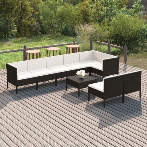 9-tlg. Garten-Lounge-Set mit Auflagen Poly Rattan Schwarz (1/5)
