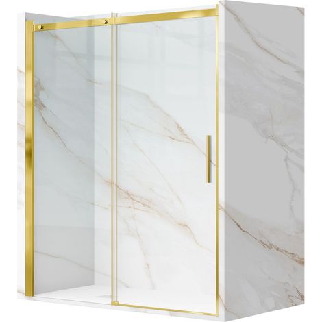 Porte De Douche Battante 100x195 cm en verre trempé transparent anticalcaire de 6 mm avec un cadre doré (1/5)