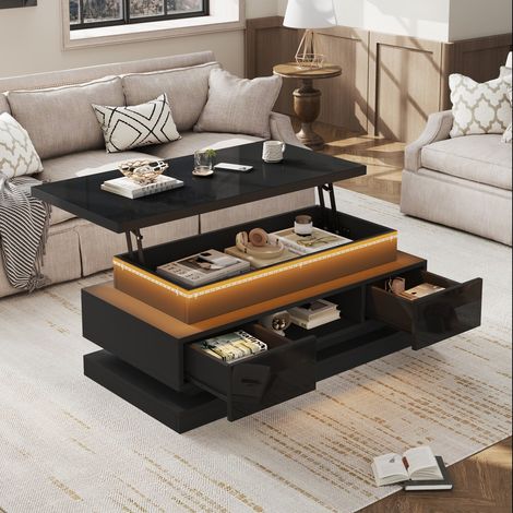Table basse relevable noir 100 x 50 x 40cm avec éclairage LED, 2 tiroirs et rangement dissimulé, laque brillante, fonction console (1/5)
