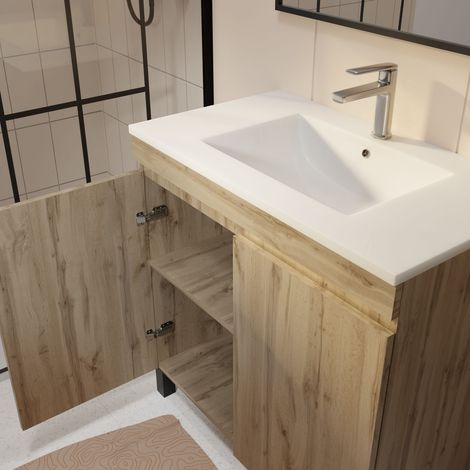 meuble de salle de bains 60 cm timber - décor chêne naturel à portes avec vasque céramique blanche — vue 2