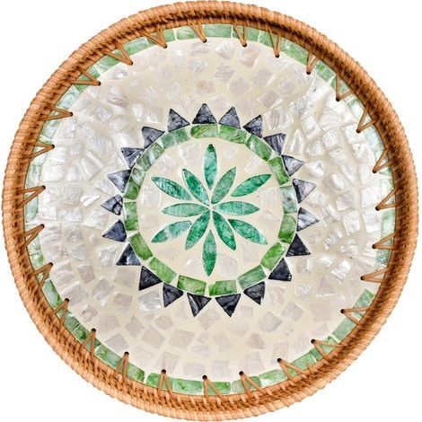 Plateau de Service Rond en Rotin, Plateau Décoratif Table Salon, Plateau Mosaïque 30cm, Plateau Rustique pour Café, Boissons, Petit-Déjeuner, Thé, Bougies, Fruits (1/5)