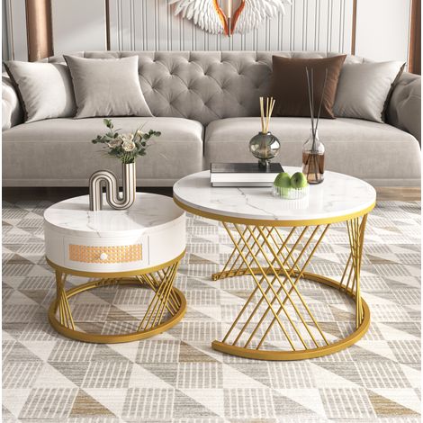 Couchtisch 2er-Set rund aus MDF weiß in Marmoroptik mit Schublade, 70 cm (1/5)