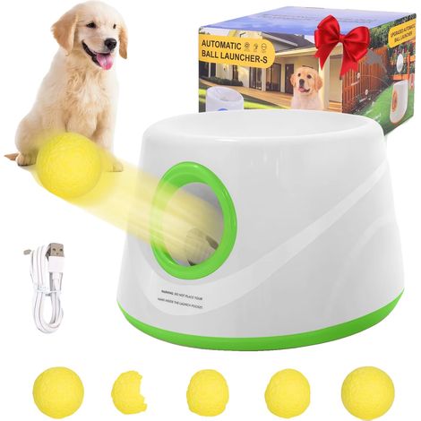 Lanzador automático de pelotas para perros, distancias de lanzamiento ajustables, juguete interactivo para buscar y traer, color verde, 5 pelotas de ETPU. (1/2)