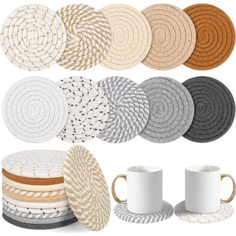 Untersetzer mit Halter – 10er-Set – 11 cm – Geflochtene Untersetzer im Bohème-Stil – Handgefertigte Untersetzer für Gläser und Tassen (1/5)