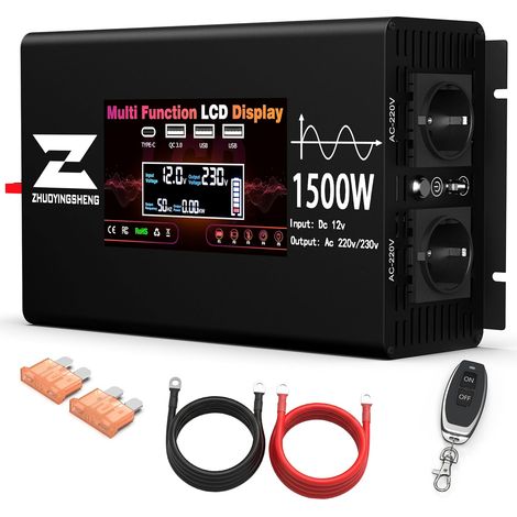 Onduleur Convertisseur Pur Sinus 12V 220V 1500W avec Télécommande LCD Dual AC Prises, Pour Voiture, Caravane, Bateau, Camping, Voyage (1/5)