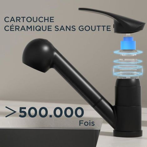 Robinet Cuisine Noir, Mitigeur Cuisine avec Douchette Acier Inoxydable, Monocommande, Monolevier Pivotant À 360° pour 1 Trou (1/4)