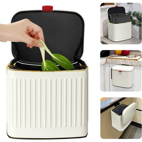 Compostador pequeño 2 en 1, contenedor de pared para interiores debajo del fregadero de la cocina, baño o armario colgante (4 litros, blanco/1,05 galones) (1/4)