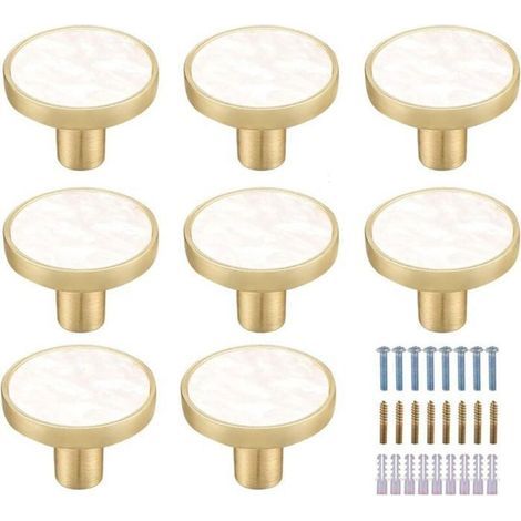 HONORNIC - Lot de 8 boutons de placard ronds en laiton marbré blanc - Boutons de tiroir décoratifs blancs - Boutons de commode dorés pour (1/5)