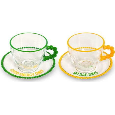 WD LifeStyle Set 2 Tazze 230 Ml in Vetro con Piattino Decorazione "Good energy only" e No bad days" Giallo Verde (1/5)