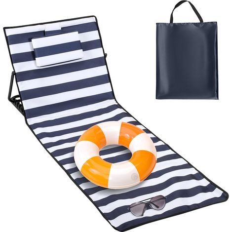 Jiubiaz Strandmatte mit Rückenlehne Gepolstert klappbar UV-beständig Tasche Reißverschluss Kissen Tragegurt Garten Camping Picknick Liegematte 158 x 55cm, Blau-weiß gestreift