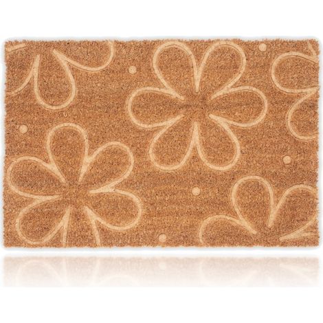 Relaxdays Zerbino in Gomma e Cocco, Design con Fiori, 60x40 cm, Tappetino Antiscivolo Esterni e Interni, Marrone Nero (1/5)