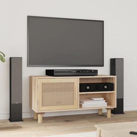 Vidaxl – Meuble TV marron 80x30x40cm – Bois de pin massif et rotin naturel – 3 compartiments de rangement – Capacité de charge 70kg (1/6)