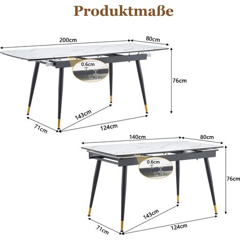 Table à manger extensible avec plateau en céramique blanche effet marbre, structure en métal noir et pieds dorés, 140-200 cm, sans chaises (1/5)