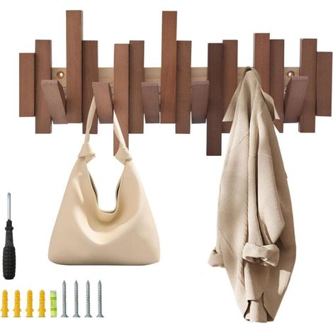 Appendiabiti da parete in legno massello – 6 ganci – Portata massima 50 kg – Facile installazione a parete – Per ingresso e bagno -Crezuo
