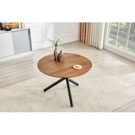 Tavolino d'appoggio moderno con piano in legno e 3 gambe incrociate in metallo, tavolino circolare in stile industriale per soggiorno, camera da letto e ingresso.