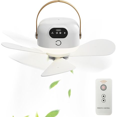 Ceiling fan with light and remote control, 3-speed LED, USB charging lamp, for camping, office, living room, bedroom, white (1/5)