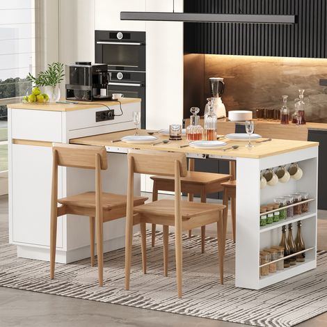 Îlot central de cuisine extensible 80.5x58x94 cm-Table à manger sur roulettes-LED-USB et USB-C-Rangements-Blanc et Bois Naturel (1/5)