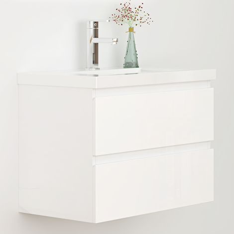 60cm Badmöbel Set Waschtisch mit Unterschrank Gäste WC Hochglanz Weiß Waschbecken Keramik dick
