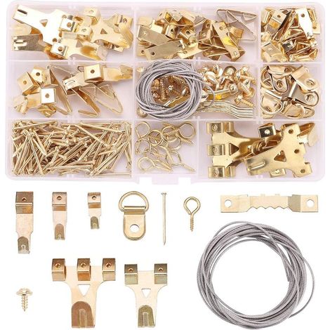 Set di 220 ganci assortiti per quadri, con ganci in acciaio, ganci a dente di sega, anelli a D, filo d'acciaio, chiodi e viti. (1/5)