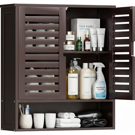 Armoire de Salle de Bain Murale, Organisateur de Rangement en Bambou au-Dessus de la Cuvette, Armoire à Pharmacie Gain de Place avec 2 Portes et étagères réglables (Brun foncé) (1/5)