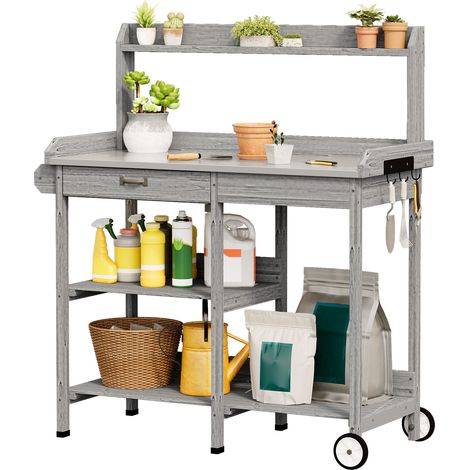 Pflanztisch Bealife Gartenschrank aus Tannenholz mit Rollen mit 1 Schublade 2 Regalböden Haken an der Seite Grau 116 x 46.5 x 120 cm