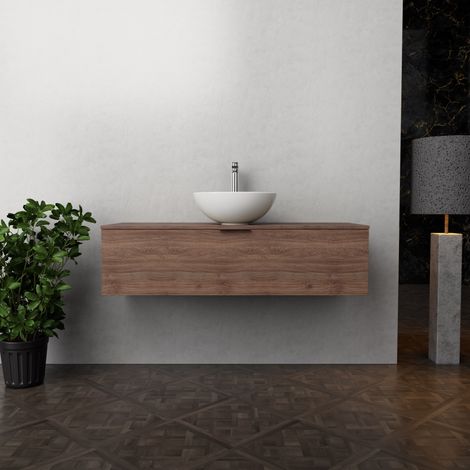 Inda - Badezimmerschrank B.120 mit Aufsatzwaschbecken / Braune Eiche 1 Schublade - Topazio