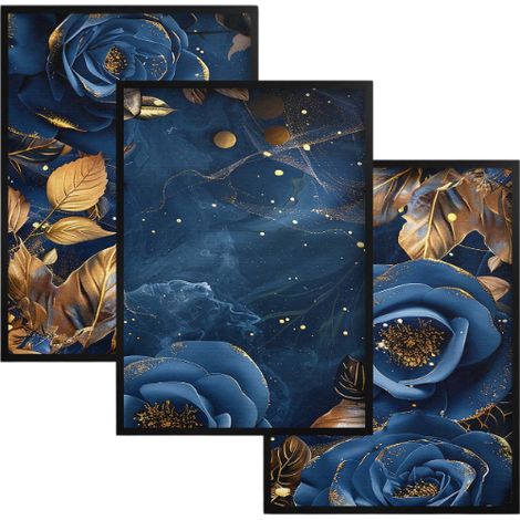 Juego de 3 pósteres para la pared del salón. Decoración de pared: Flores doradas y azul marino. (1/5)