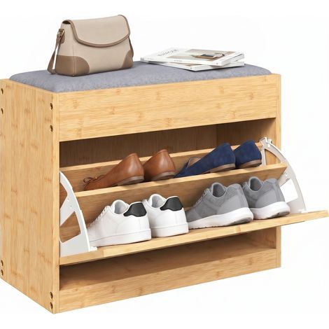 Schuhbank für den Eingangsbereich, Aufbewahrungsbank aus Bambus, gepolsterter Sitz, Tür aus Rattan und verstellbarer Einlegeboden, Naturholz (1/5)