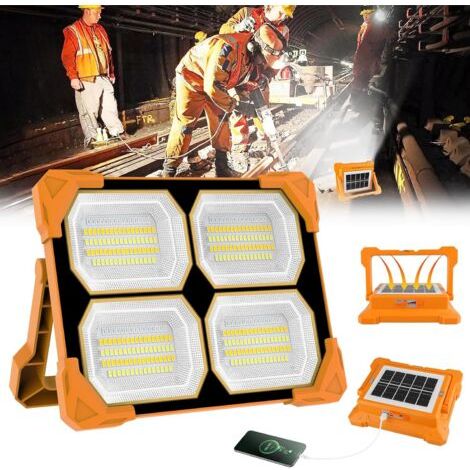 100W Projecteur LED Rechargeable 5 Modes Projecteur LED Chantier Portable Solaire & Batterie 328 LED Lampe de Travail LED Rechargeable pour Garage, Réparation, Camping, Chantier, Urgence (1/5)
