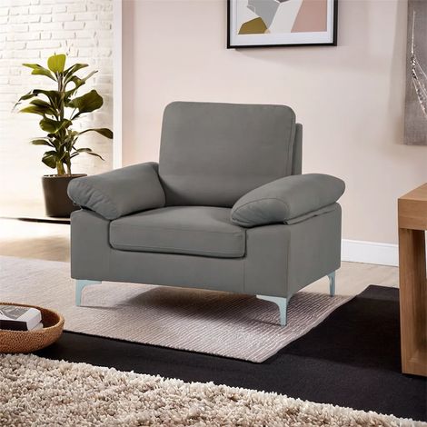 Modern Grey Fabric One-Seater Sofa with Chrome Feet - Comfortable Couch with Cushion for Living Room, Bedroom or Office (1/5)