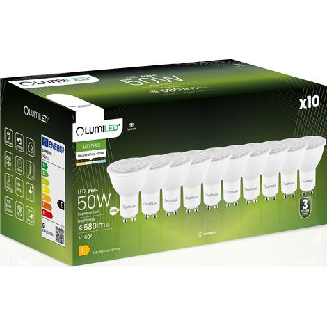 10 lampadine LED GU10 Spotlight PAR16 6W = 50W 580lm 4000K Neutro 24° 36° 60° LUMILED