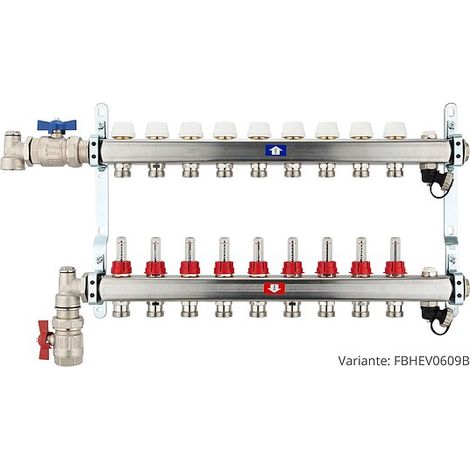 Fußbodenheizungsverteiler aus Edelstahl mit Topmeter für 9 Heizkreise - mit Anschlussset senkrecht (1/3)