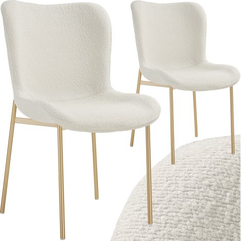 Tectake – Lot de 2 chaises salle à manger rembourrées tissu bouclette blanc – Dossier haut pour soutien – Pieds en acier doré – Dimensions 54x62x90cm (1/5)