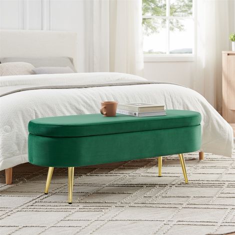 Banc de Rangement Design - 110x40x42 cm - Coffre de 20L en Velours avec Pieds en Métal et Châssis en Bois Massif - Vert Foncé (1/5)